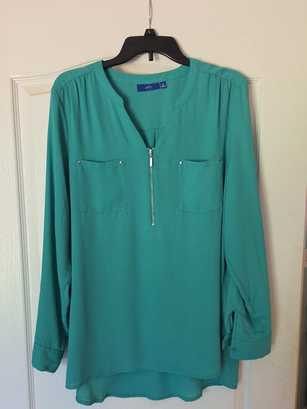 Apt. 9 Teal Zip-Pocket Long Sleeve Blouse